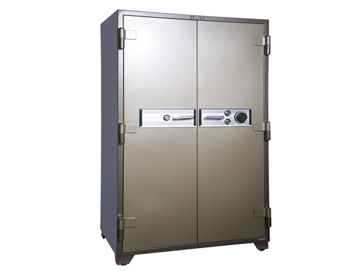 2D-203 2DOORS Dial Combination Lock Fire Resistant Safe 640kgs, 2 shelves and 2 drawer with key. JIS Fire Resistant rate: 1010ºc/2Hour (W1042xD687xH1816mm). Brand: LEECO. Made in Thailand