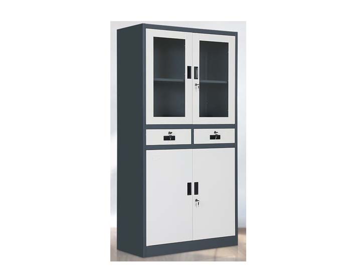 FC20 Steel Cabinet Glass and Steel Swinging Door with 2 center drawers (W900xD400xH1850mm). Brand: STANDARD. Made In China.